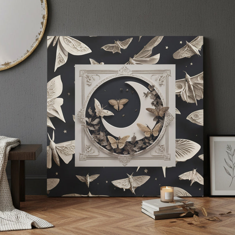 Moon & Moths Matte Canvas Wall Art — Surreal Lunar Nature Print