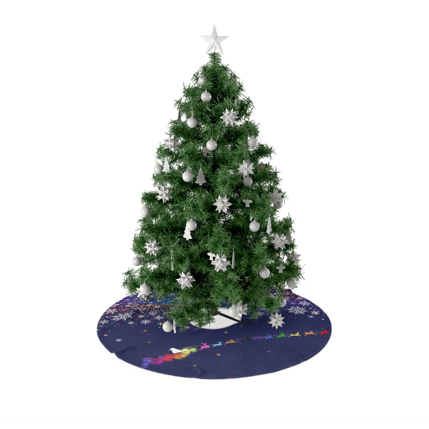 Rainbow Santa Sleigh Christmas Tree Skirt | Snowflaked Night