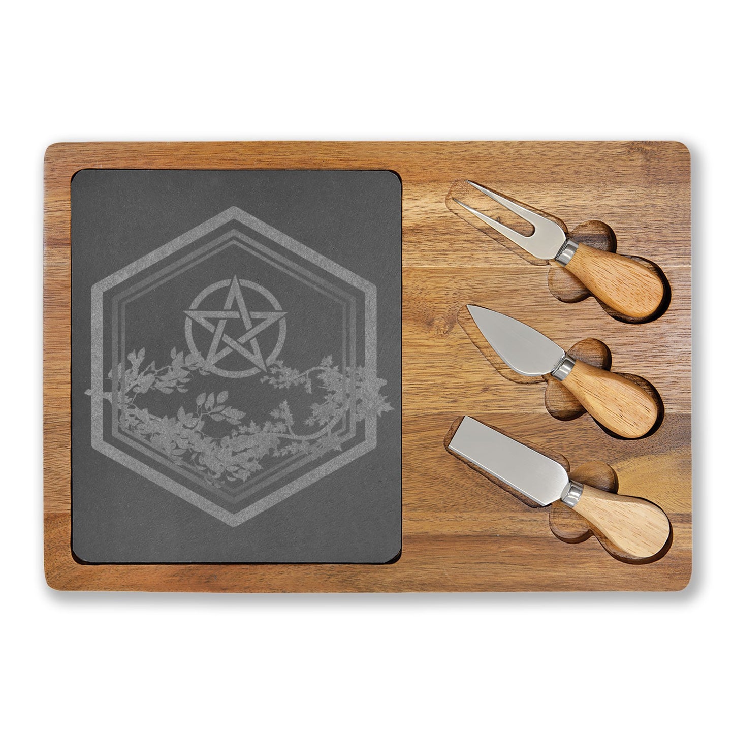 Engraved Acacia Charcuterie Board with Slate Inlay | Gratitude | Celtic Trinity & Leaf Design
