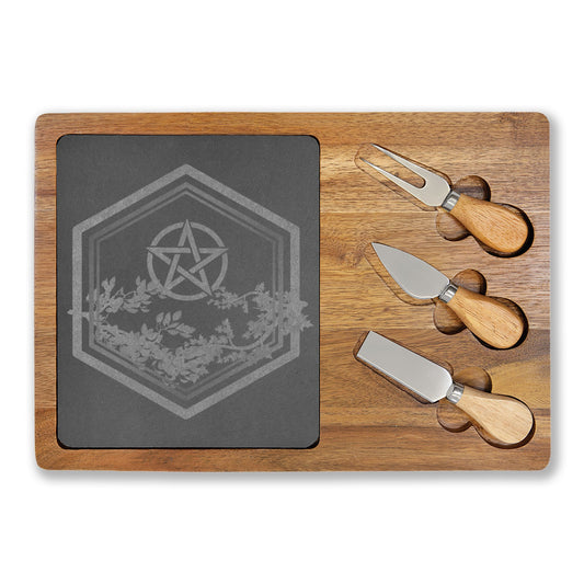 Engraved Acacia Charcuterie Board with Slate Inlay | Gratitude | Celtic Trinity & Leaf Design