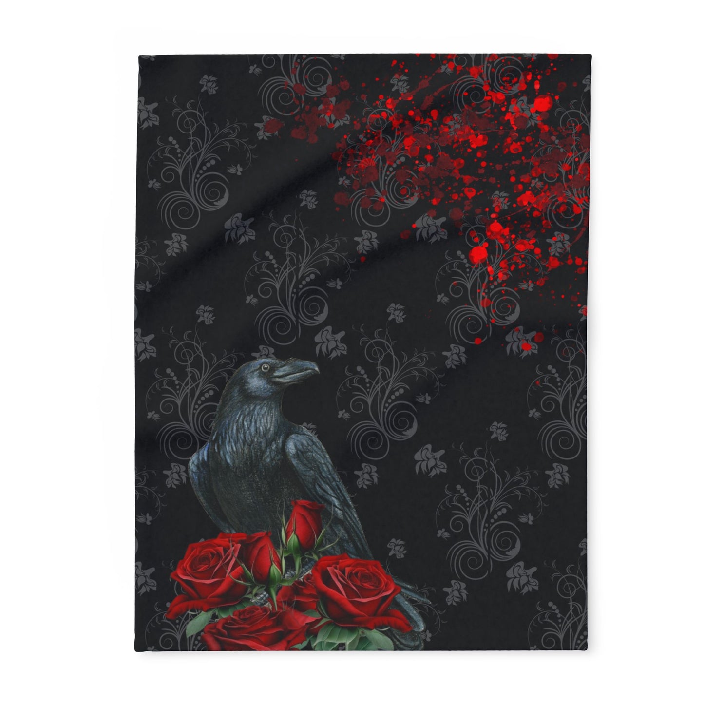 Black Feathers and Red Roses | Gothic Home Decor | Velveteen Microfiber Blanket