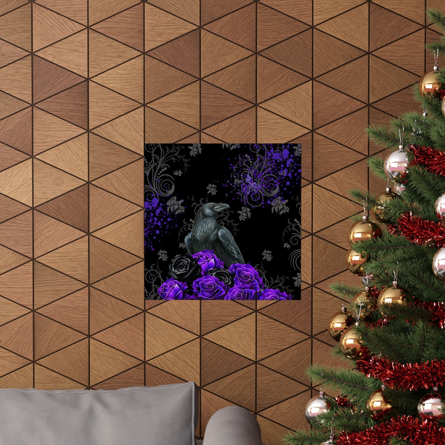 Gothic Raven Poster — Purple Roses Matte Vertical Wall Art