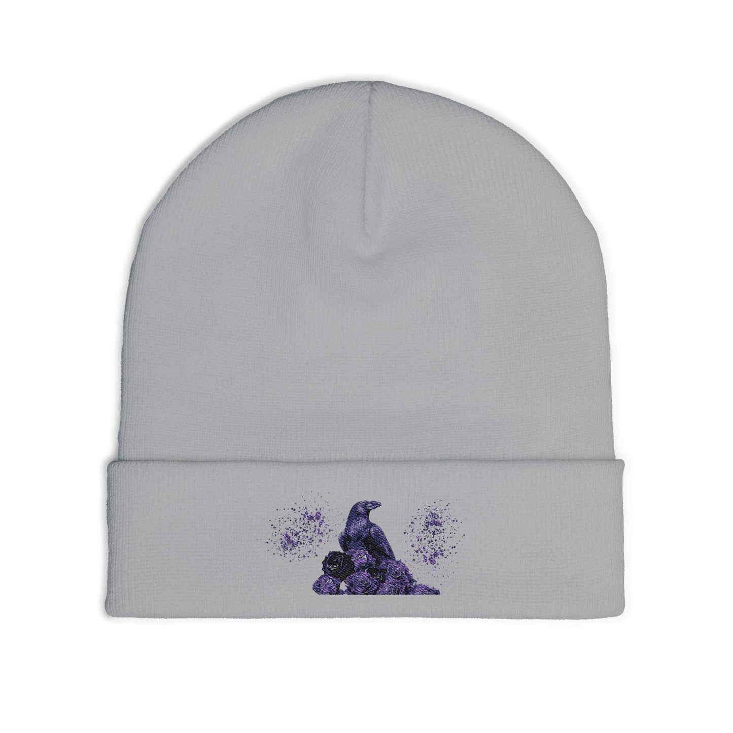 Black Feathers & Purple Roses | Beanie Hat Embroidered | Handcrafted Cap