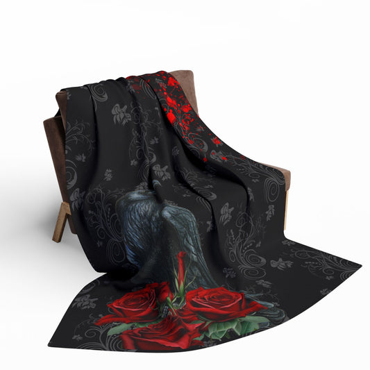 Black Feathers and Red Roses | Gothic Home Decor | Velveteen Microfiber Blanket