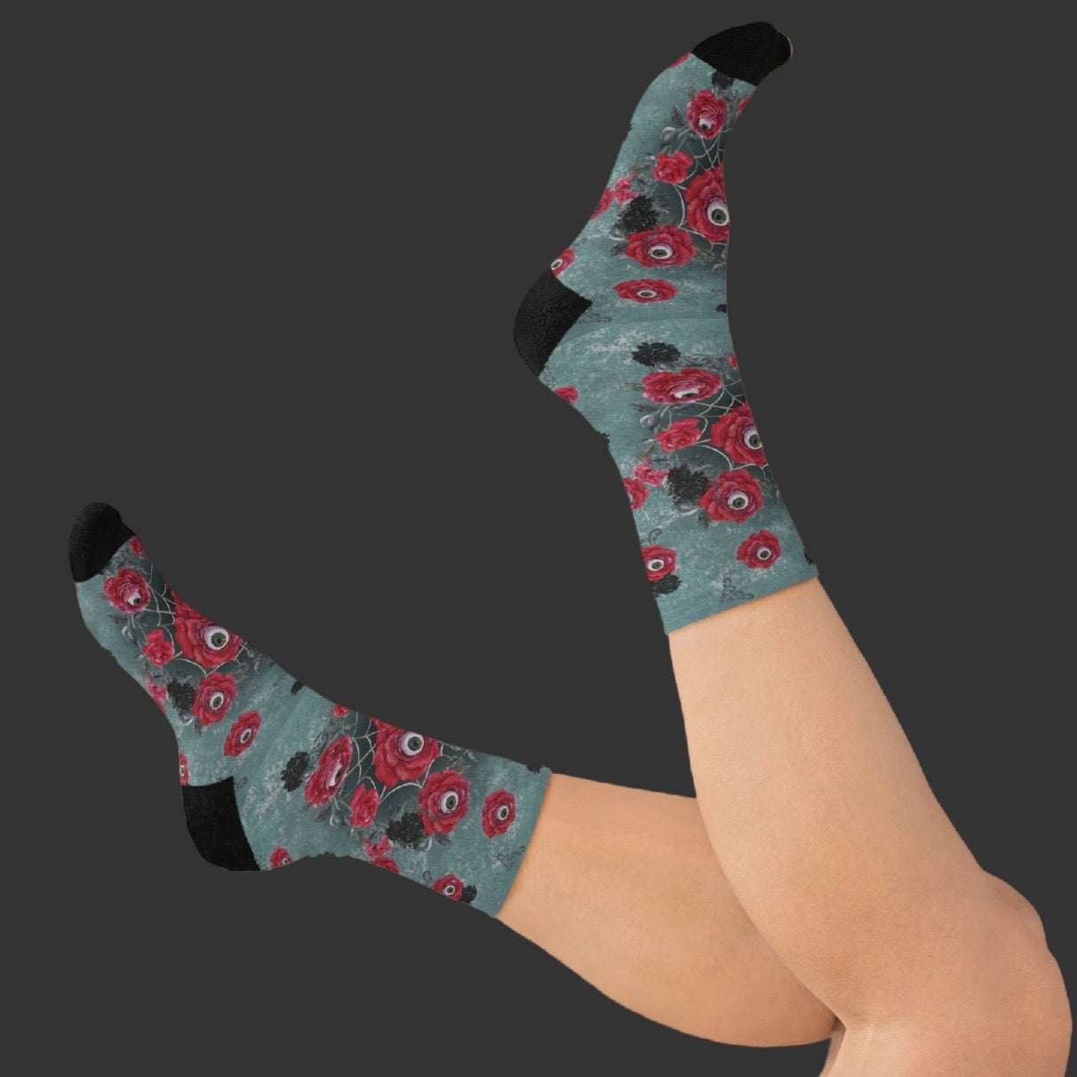 Ocular Floral Raven Socks | Gothic Crew Socks Poly Blend | Cozy and Scary