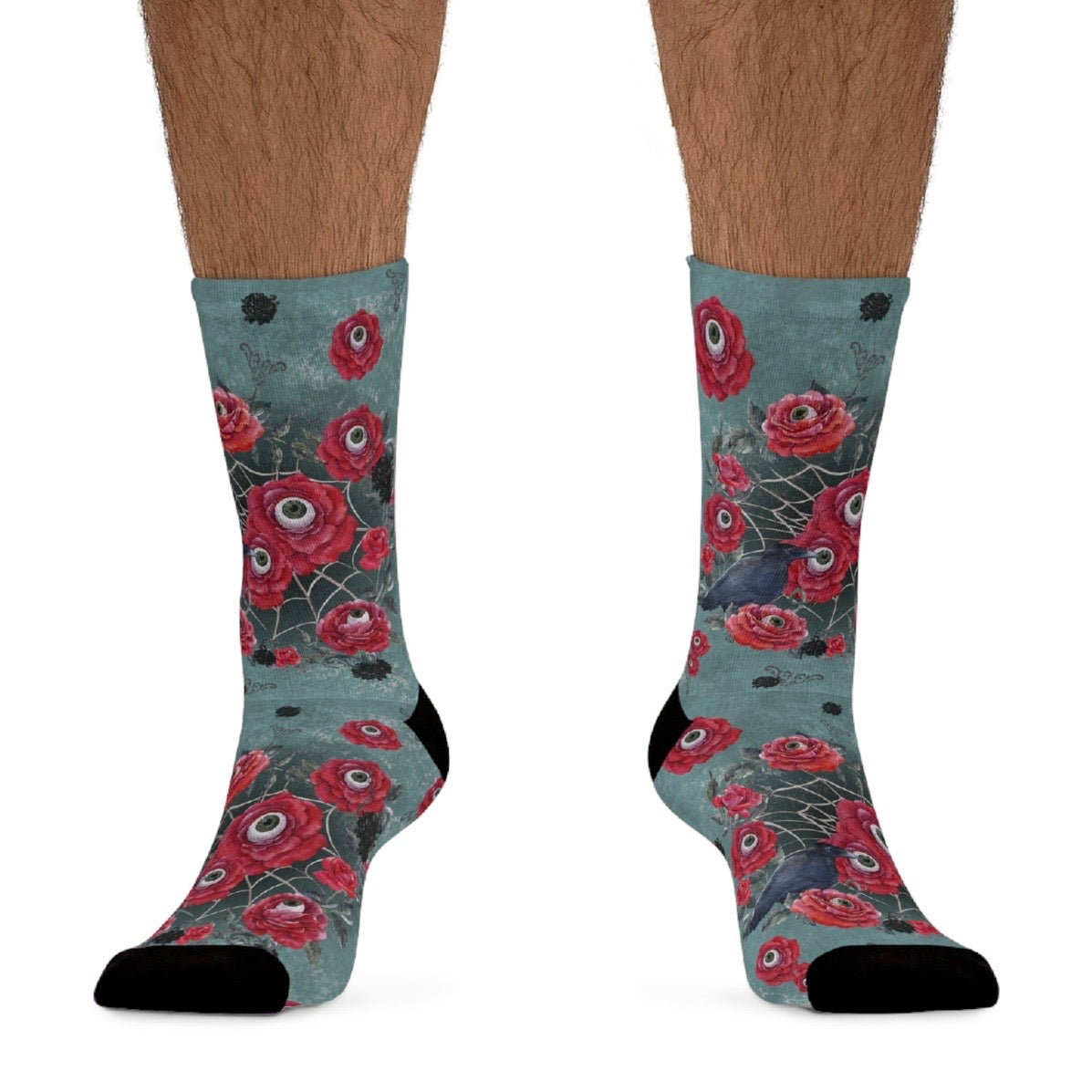 Ocular Floral Raven Socks | Gothic Crew Socks Poly Blend | Cozy and Scary