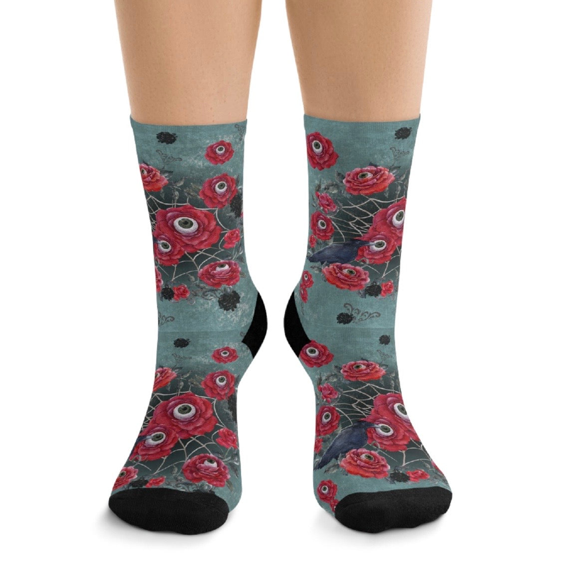 Ocular Floral Raven Socks | Gothic Crew Socks Poly Blend | Cozy and Scary