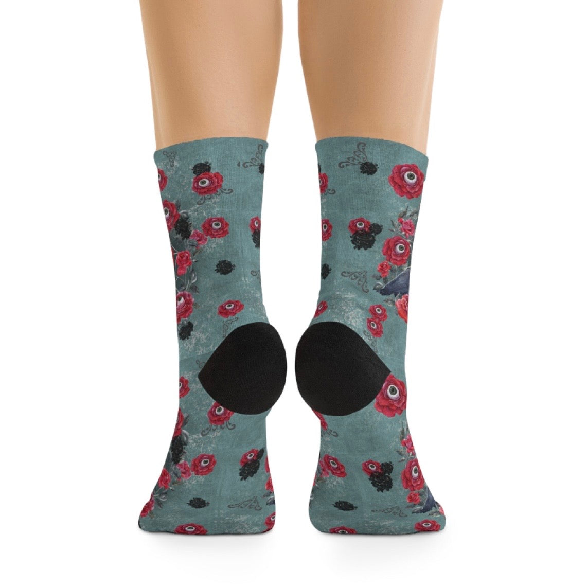 Ocular Floral Raven Socks | Gothic Crew Socks Poly Blend | Cozy and Scary