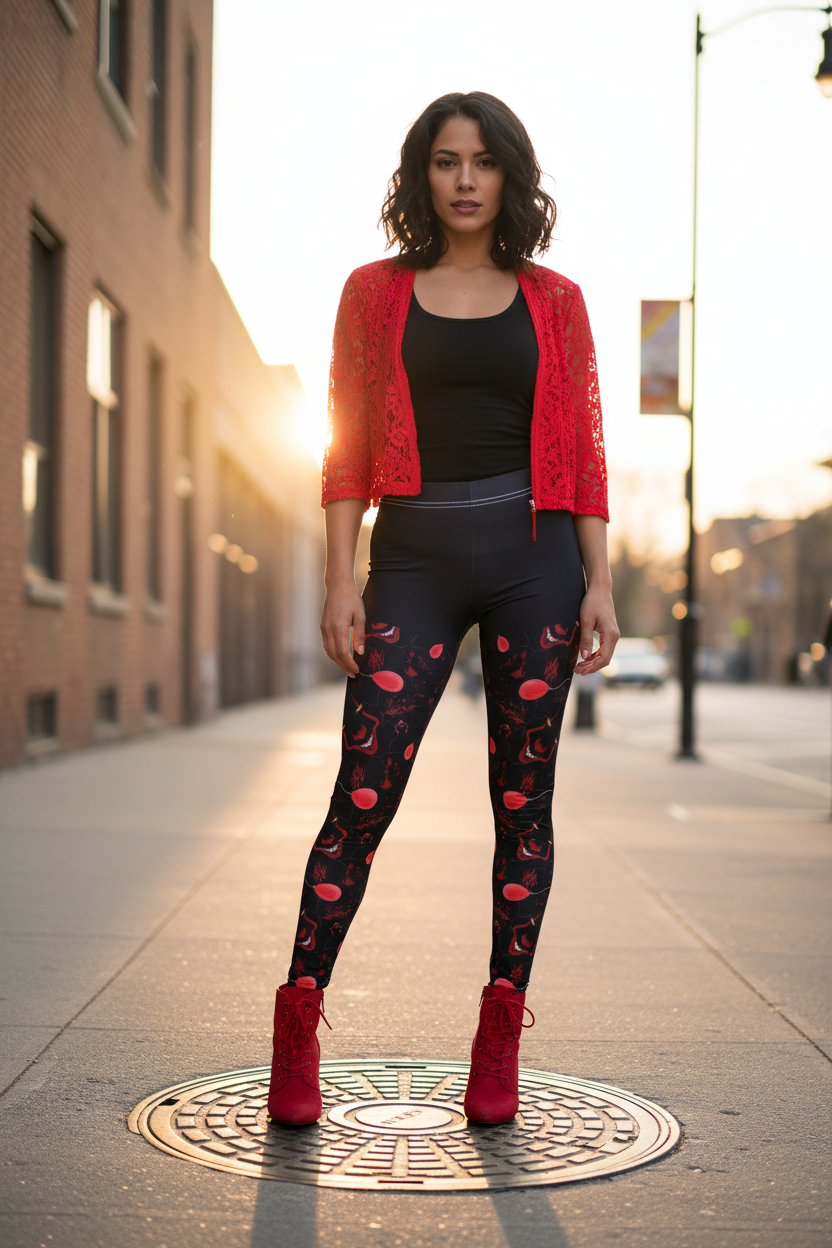 Horror Leggings | Red Balloon in Black | All-Over Print Women's Casual Bottoms