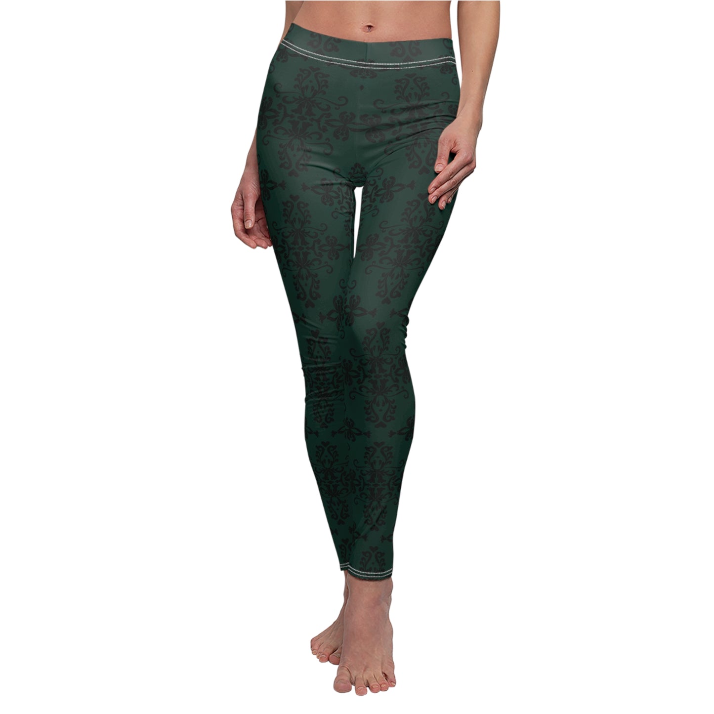 Dark Green Damask All-Over Print Leggings — Women's Casual Activewear
