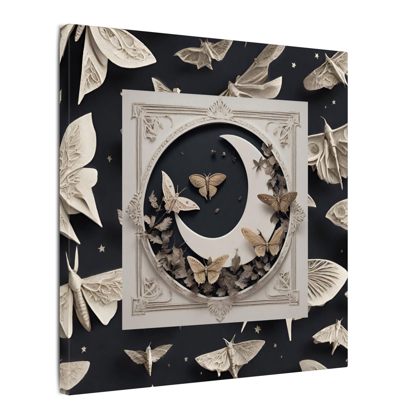 Moon & Moths Matte Canvas Wall Art — Surreal Lunar Nature Print
