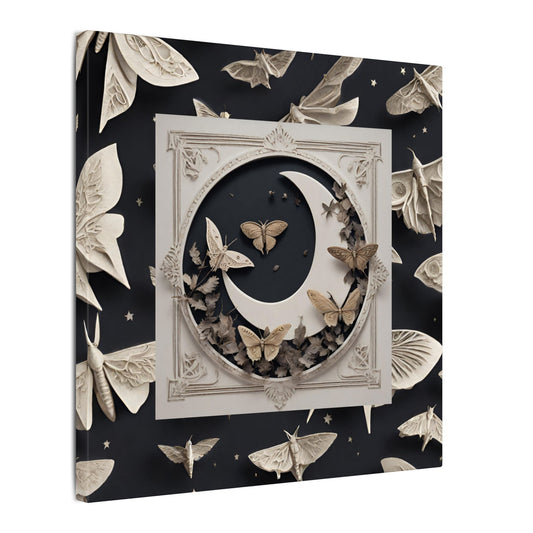 Moon & Moths Matte Canvas Wall Art — Surreal Lunar Nature Print