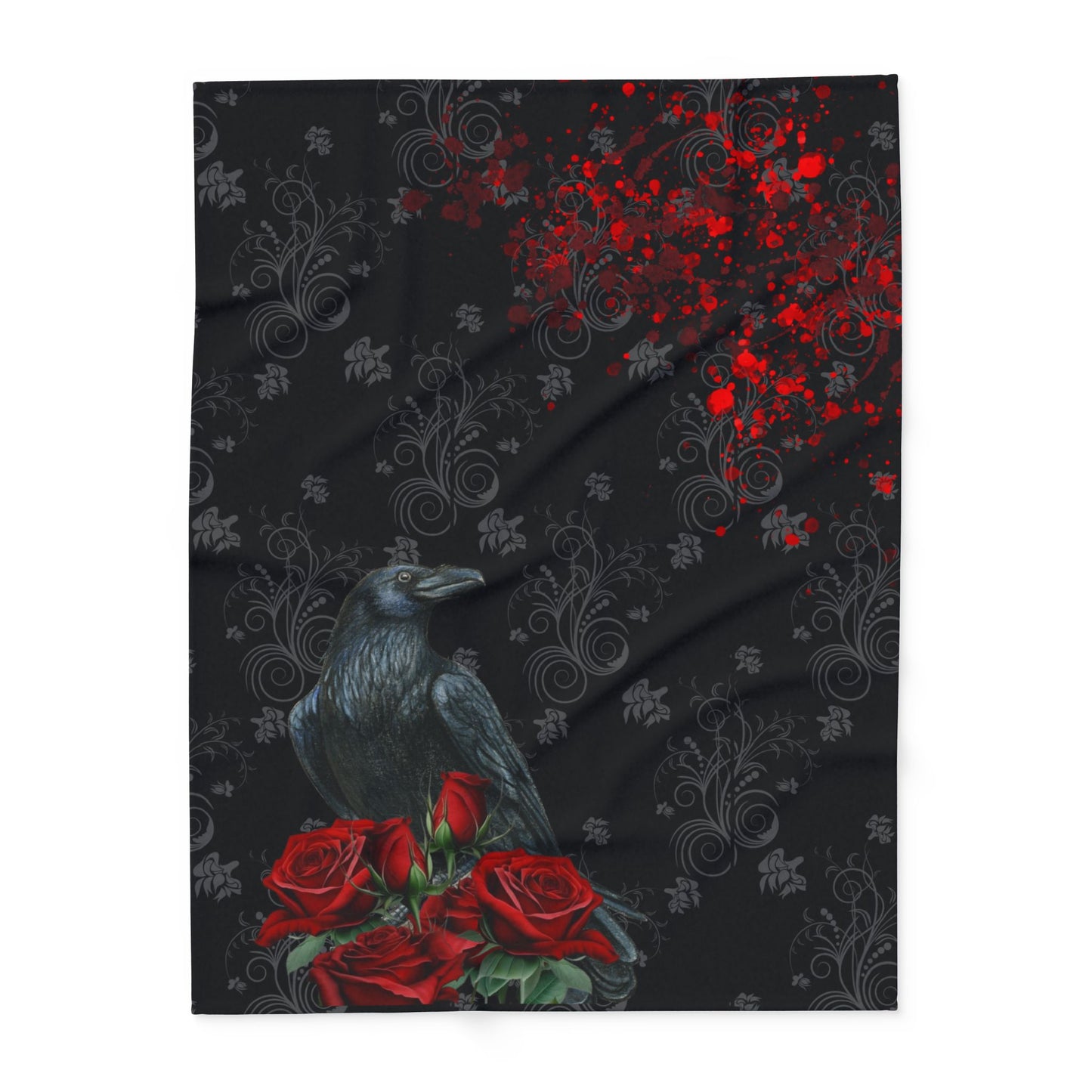 Black Feathers and Red Roses | Gothic Home Decor | Velveteen Microfiber Blanket