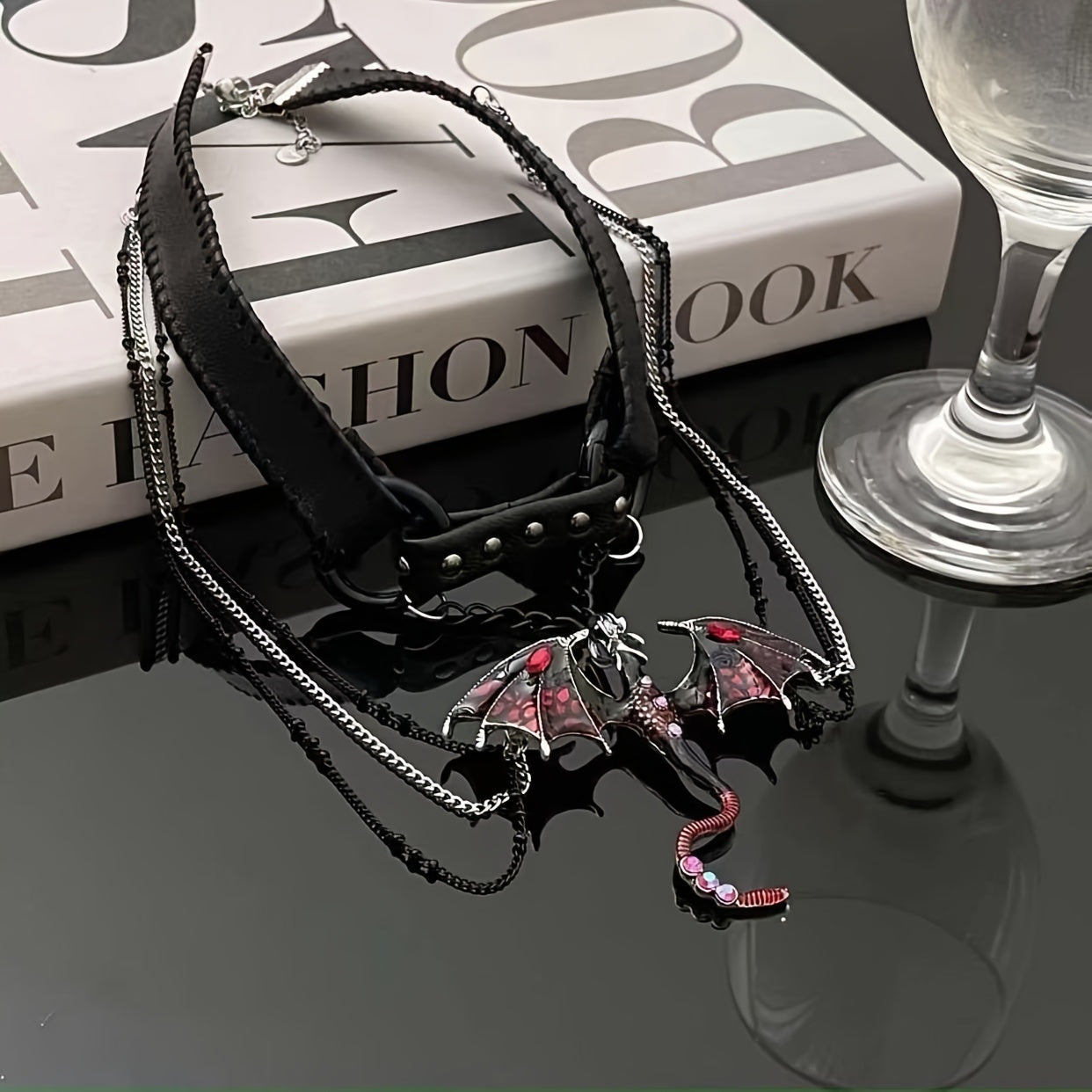 Gothic Rhinestone Dragon Pendant Chain Choker, Ring Black PU Leather Punk Halloween Collar, Sexy Lingerie & Erotic Accessories