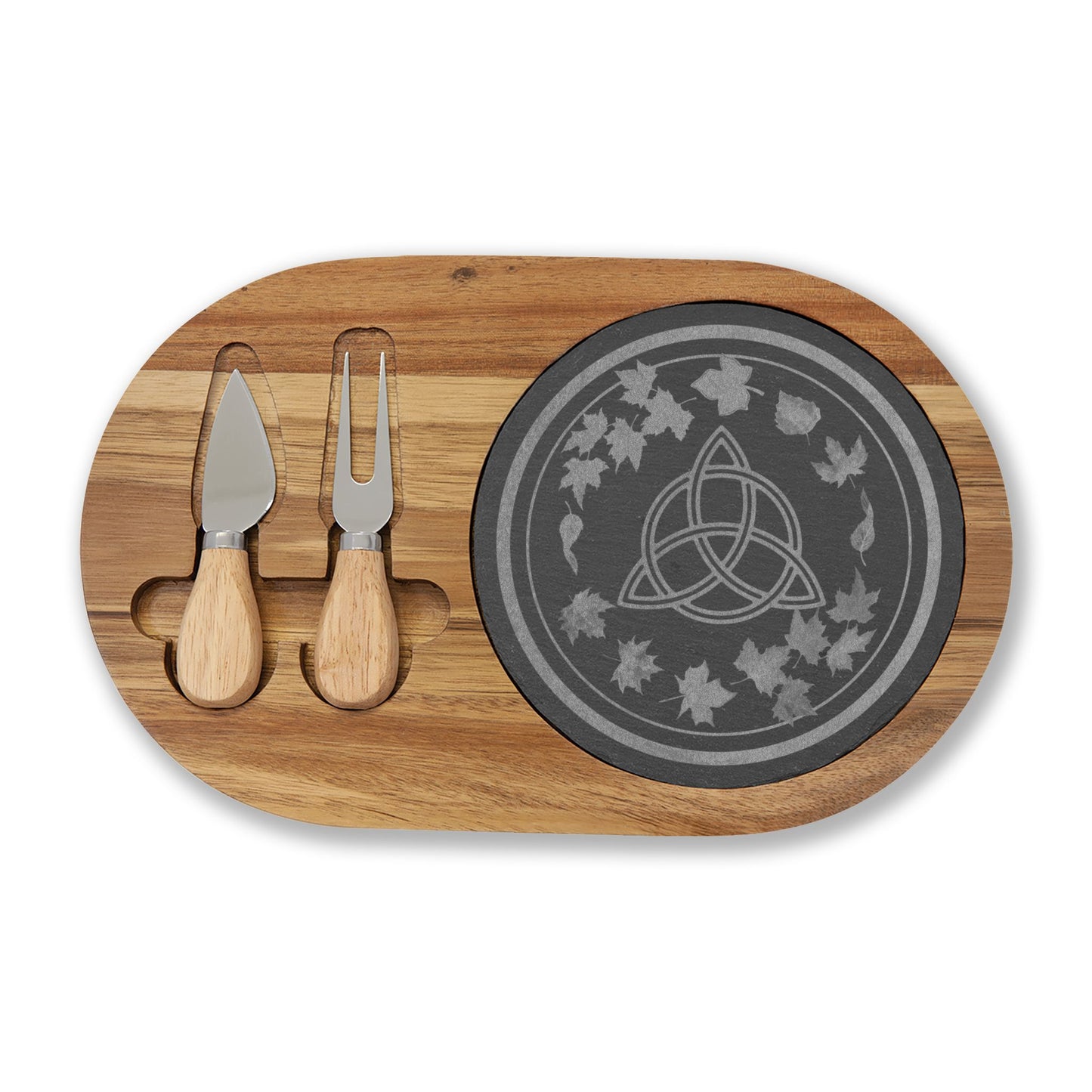 Engraved Acacia Charcuterie Board with Slate Inlay | Transition | Celtic Trinity & Leaf Design