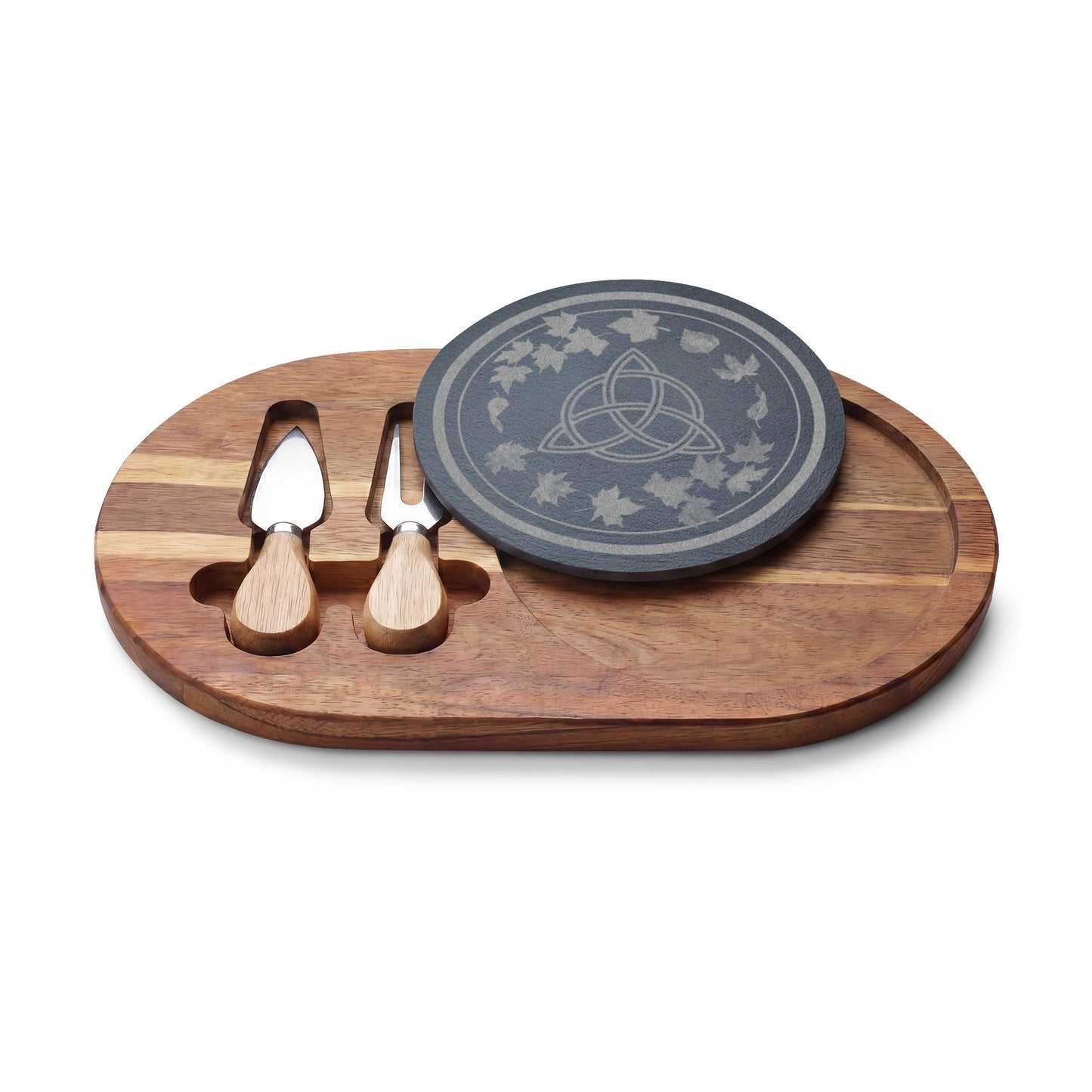 Engraved Acacia Charcuterie Board with Slate Inlay | Transition | Celtic Trinity & Leaf Design