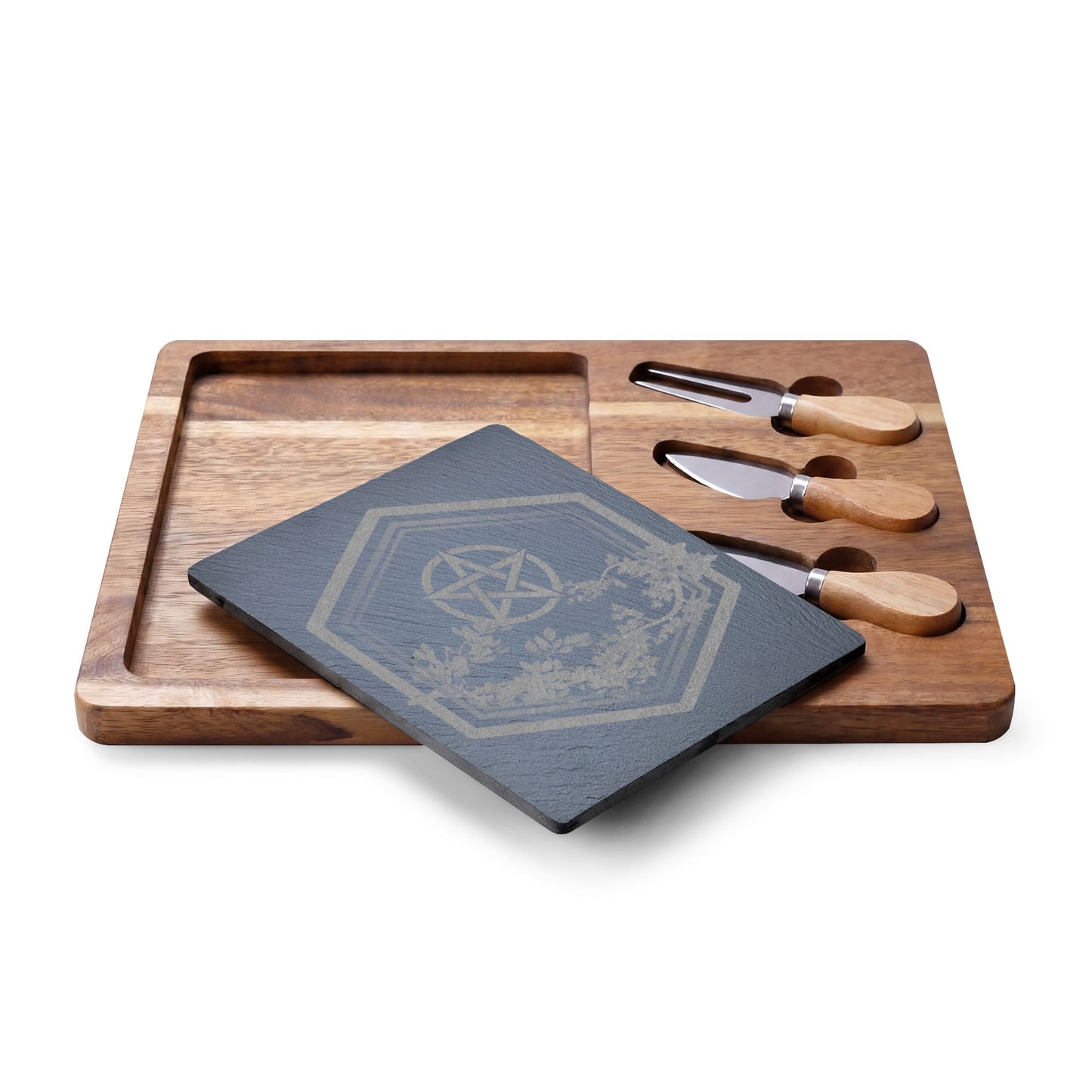 Engraved Acacia Charcuterie Board with Slate Inlay | Gratitude | Celtic Trinity & Leaf Design
