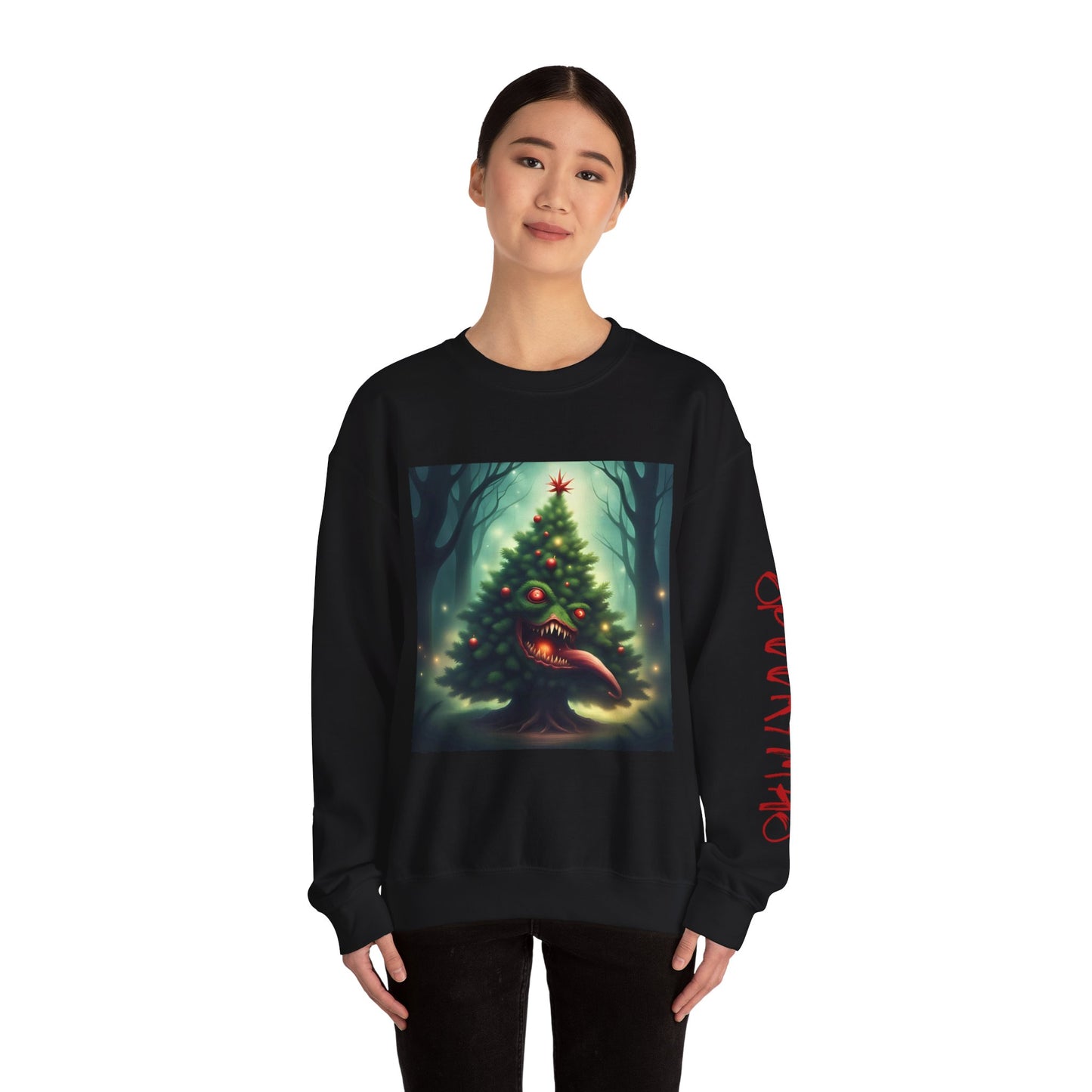 Xmas Tree Attacks! | Spookymas Crewneck Sweatshirt - Cozy Ugly Holiday Pullover