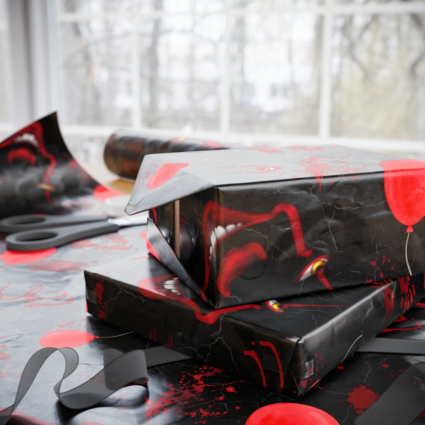 Wrapped in Horror | Red Balloon In Black | Nightmare Wrapping Paper