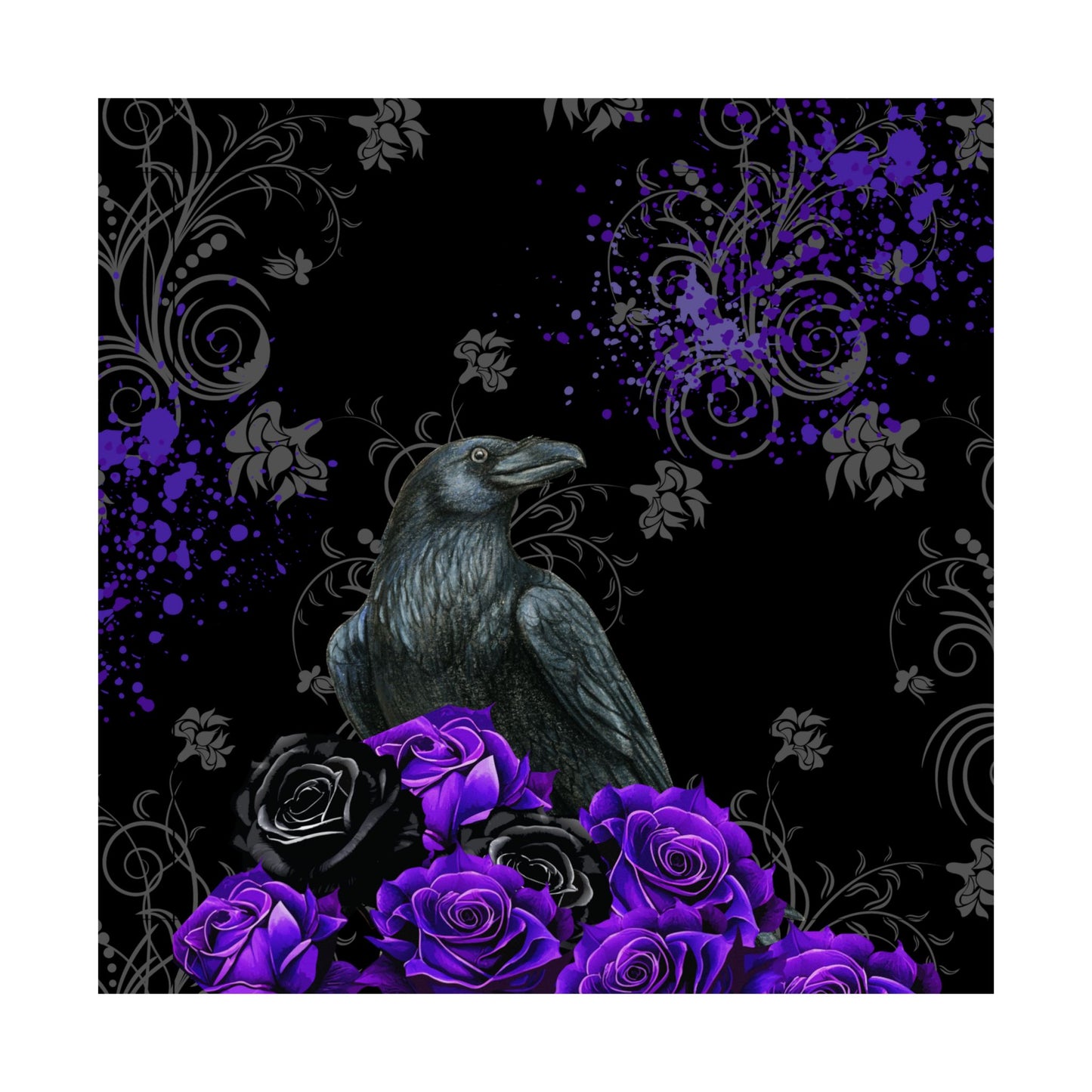 Gothic Raven Poster — Purple Roses Matte Vertical Wall Art