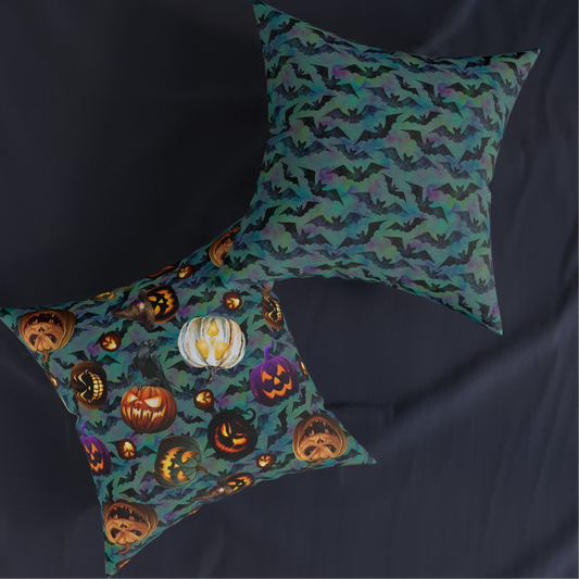 Square Pillow - Scary Jacks and Bats Gothic Halloween Cushion Gift