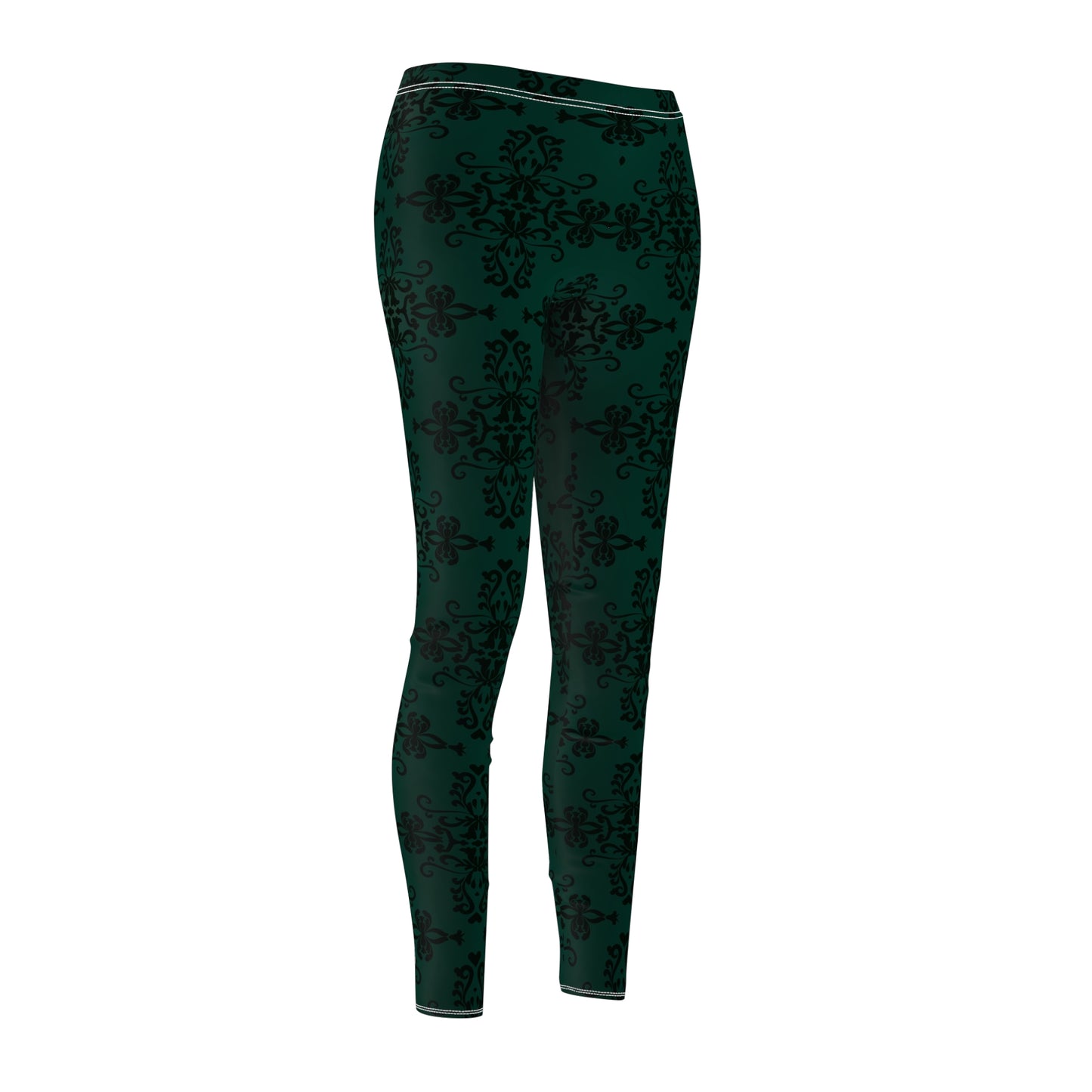 Dark Green Damask All-Over Print Leggings — Women's Casual Activewear
