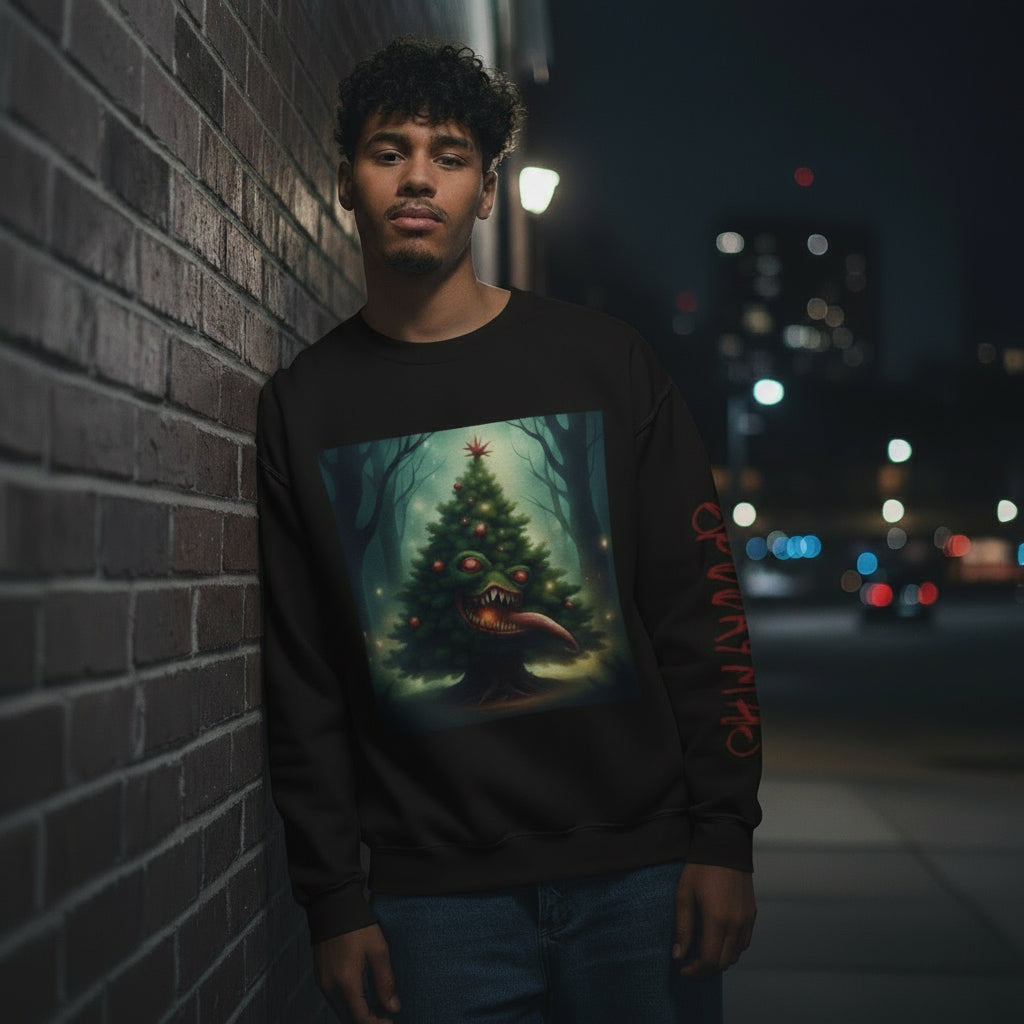 Xmas Tree Attacks! | Spookymas Crewneck Sweatshirt - Cozy Ugly Holiday Pullover