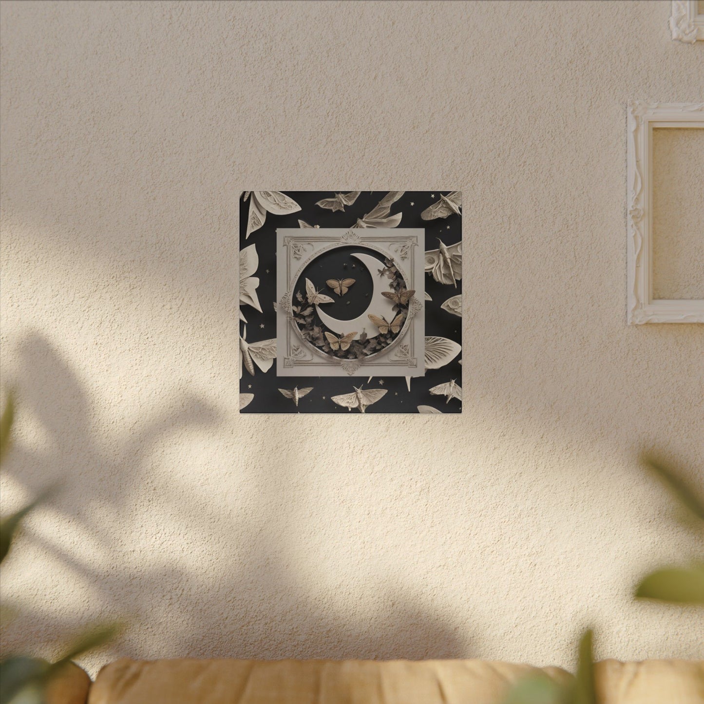 Moon & Moths Matte Canvas Wall Art — Surreal Lunar Nature Print