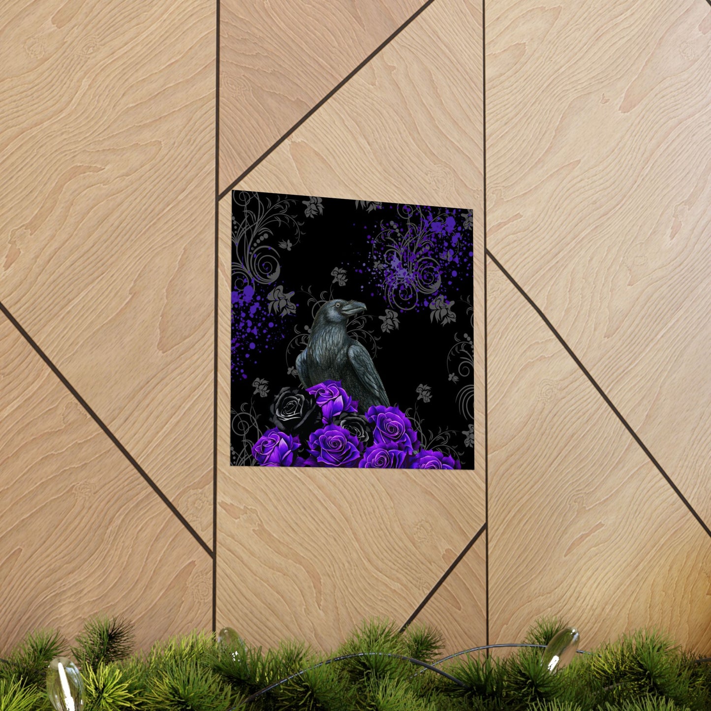 Gothic Raven Poster — Purple Roses Matte Vertical Wall Art