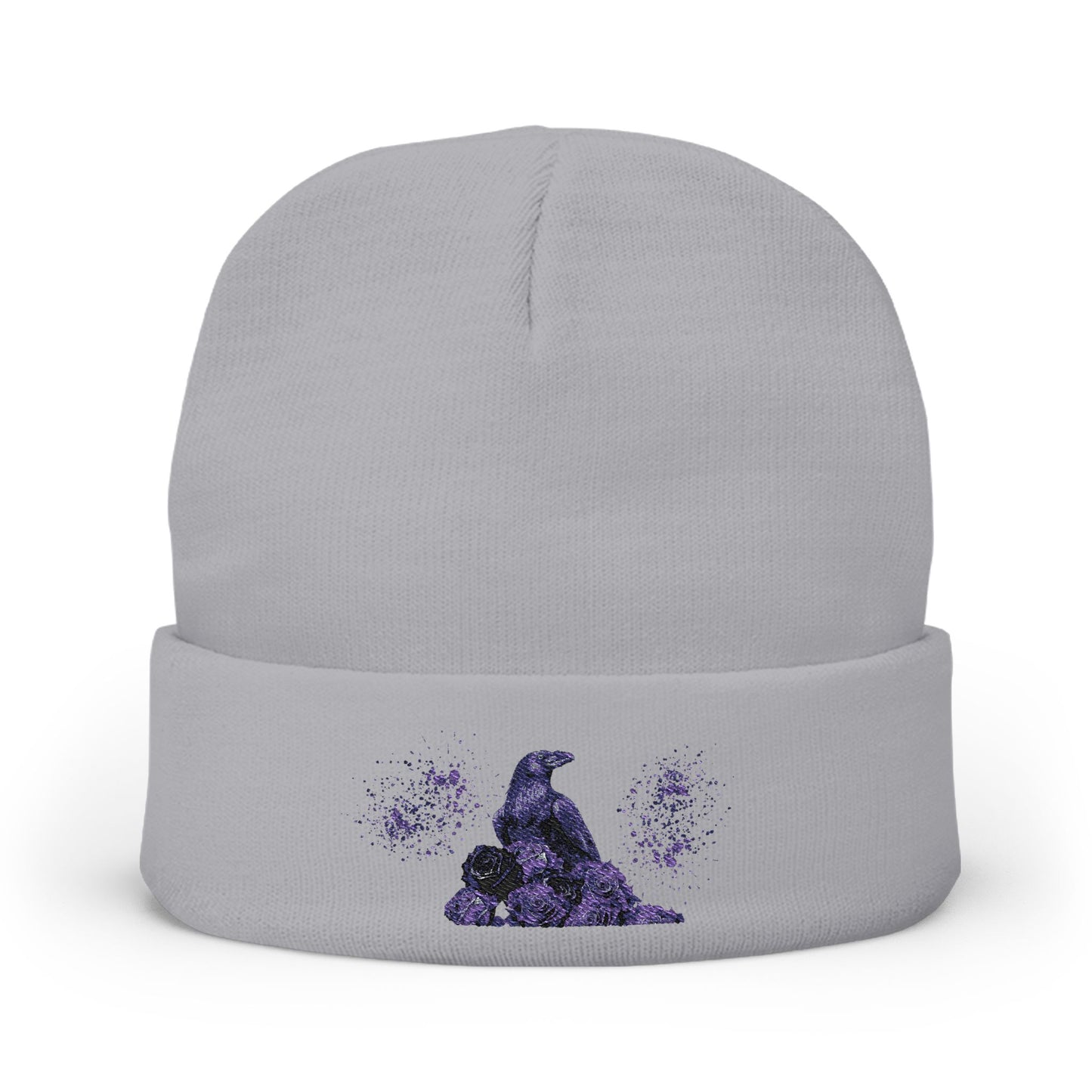 Black Feathers & Purple Roses | Beanie Hat Embroidered | Handcrafted Cap
