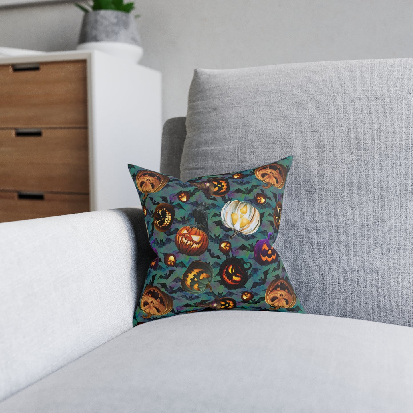 Square Pillow - Scary Jacks and Bats Gothic Halloween Cushion Gift