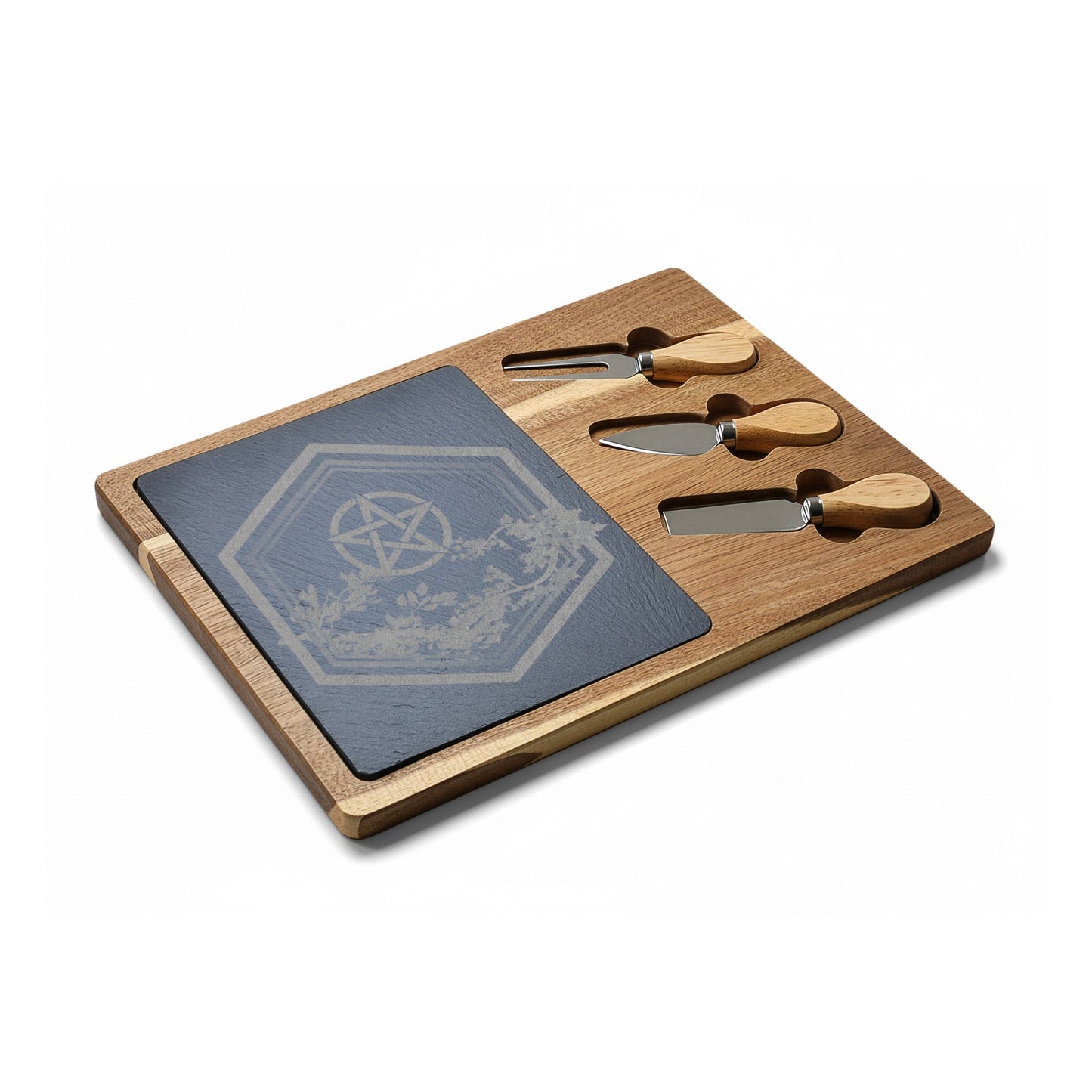Engraved Acacia Charcuterie Board with Slate Inlay | Gratitude | Celtic Trinity & Leaf Design