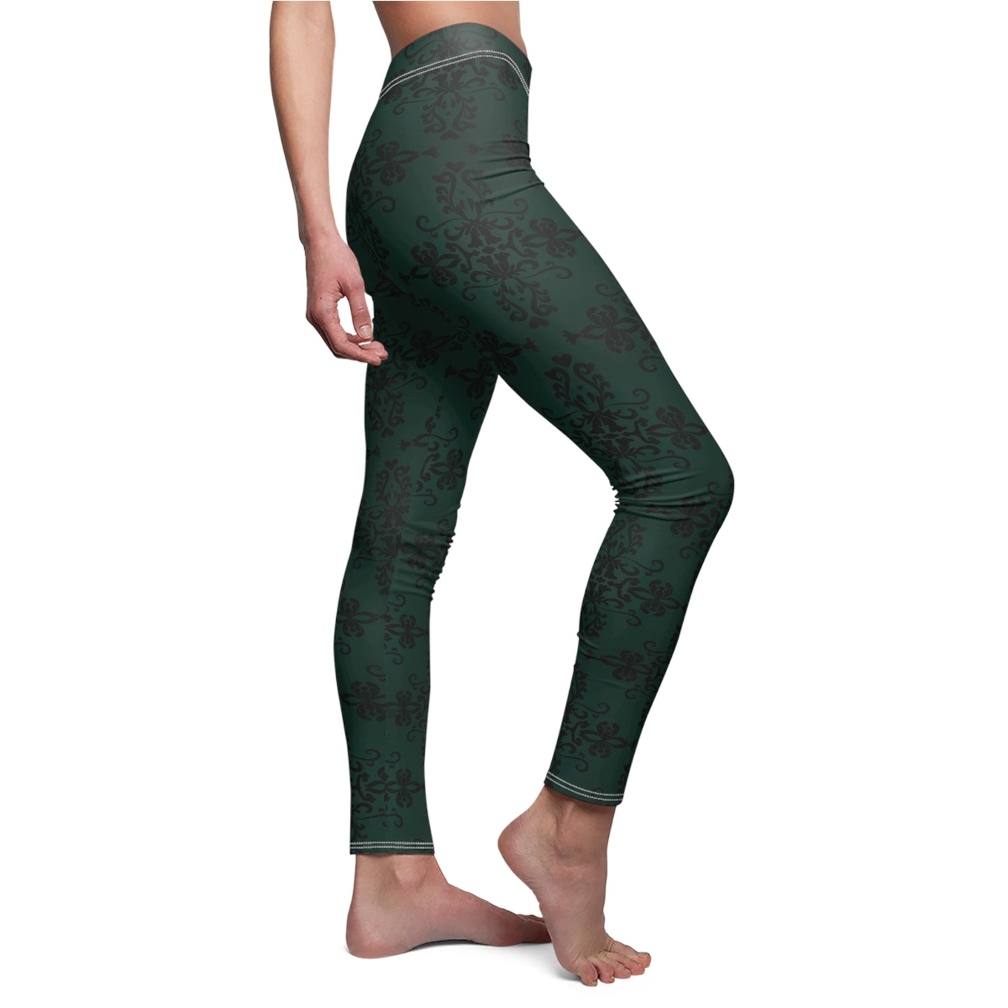 Dark Green Damask All-Over Print Leggings — Women's Casual Activewear