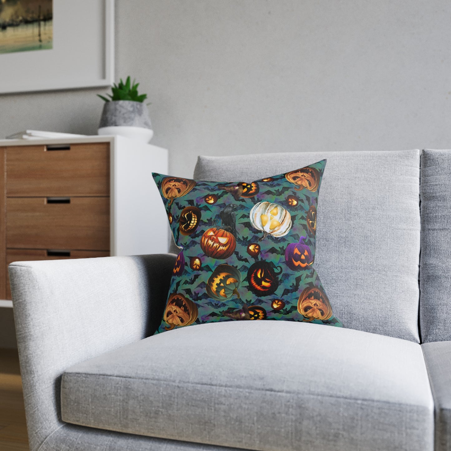 Square Pillow - Scary Jacks and Bats Gothic Halloween Cushion Gift