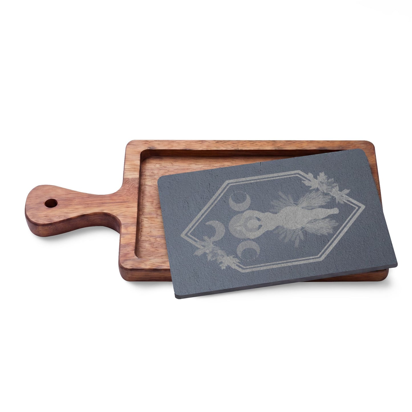 Engraved Acacia Charcuterie Board with Slate Inlay | Honoring | Celtic Trinity & Leaf Design
