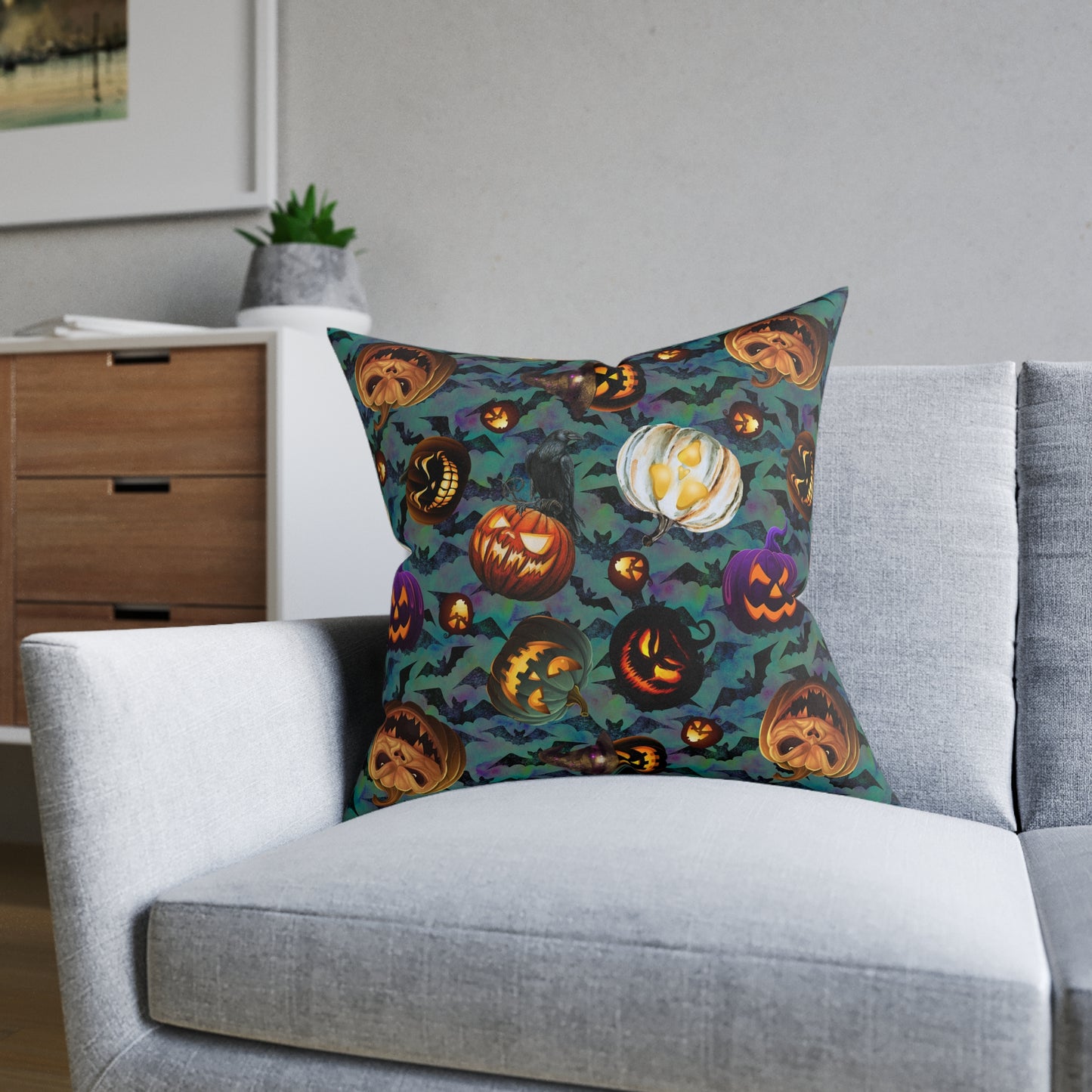 Square Pillow - Scary Jacks and Bats Gothic Halloween Cushion Gift