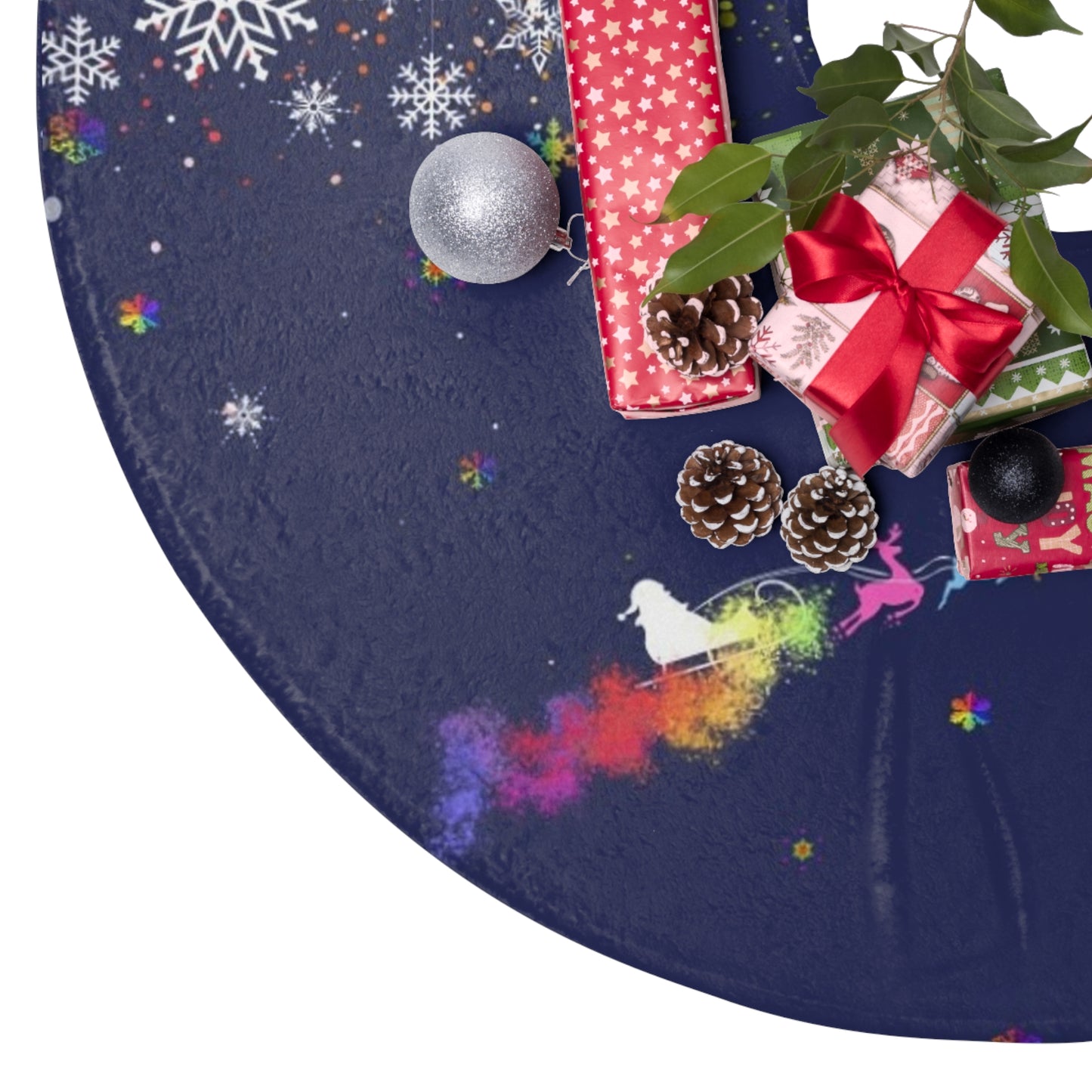 Rainbow Santa Sleigh Christmas Tree Skirt | Snowflaked Night