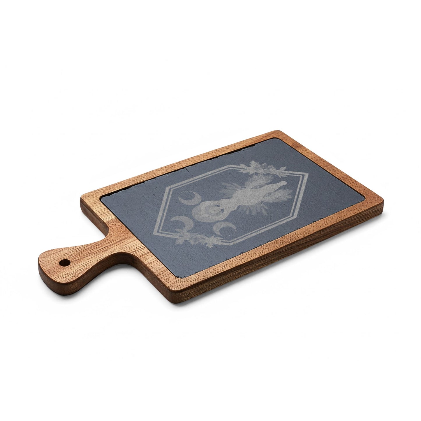 Engraved Acacia Charcuterie Board with Slate Inlay | Honoring | Celtic Trinity & Leaf Design