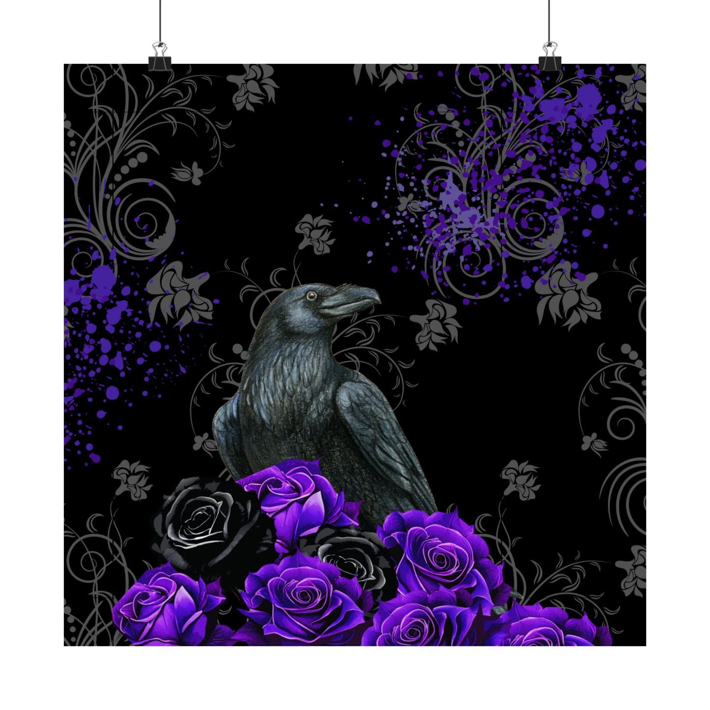 Gothic Raven Poster — Purple Roses Matte Vertical Wall Art