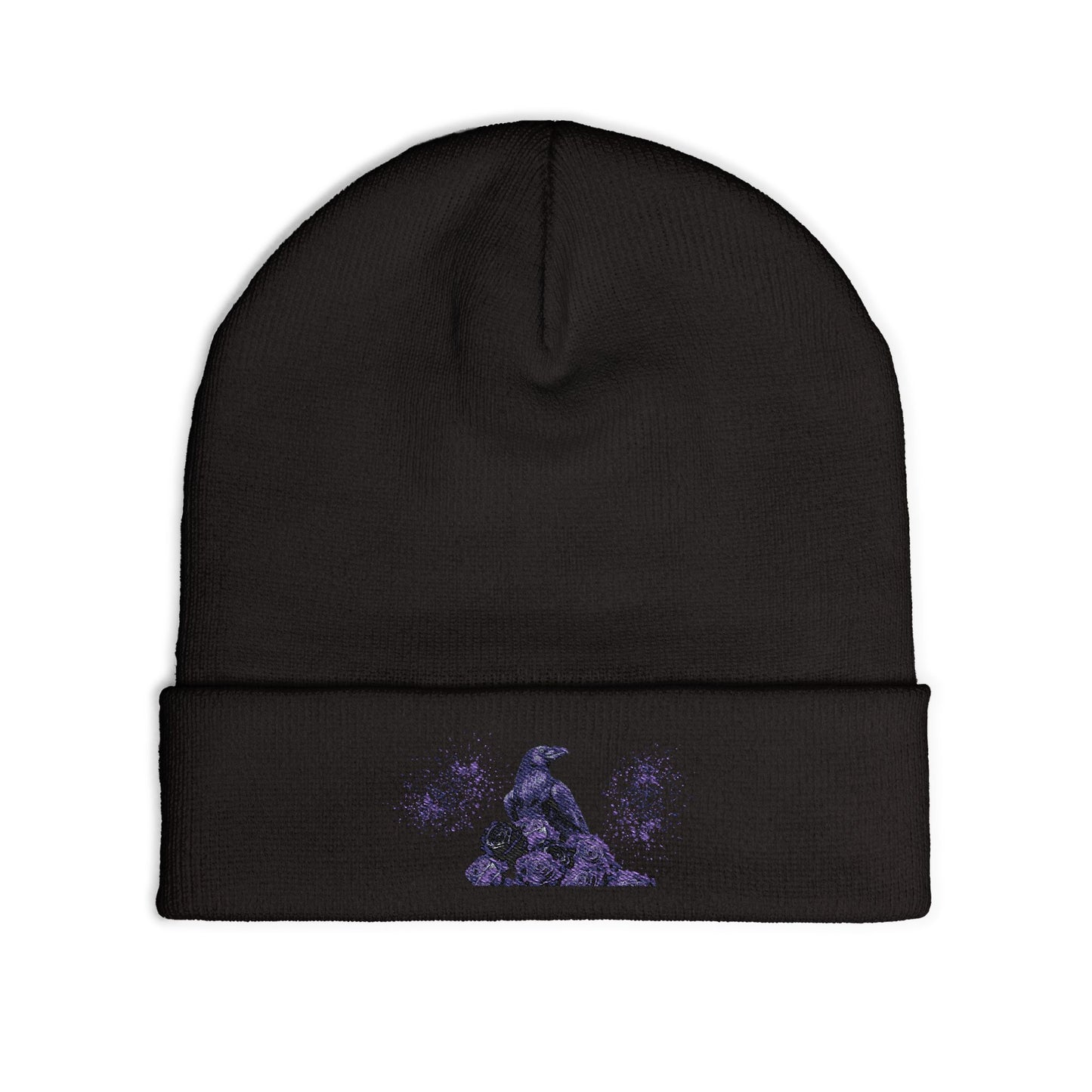 Black Feathers & Purple Roses | Beanie Hat Embroidered | Handcrafted Cap