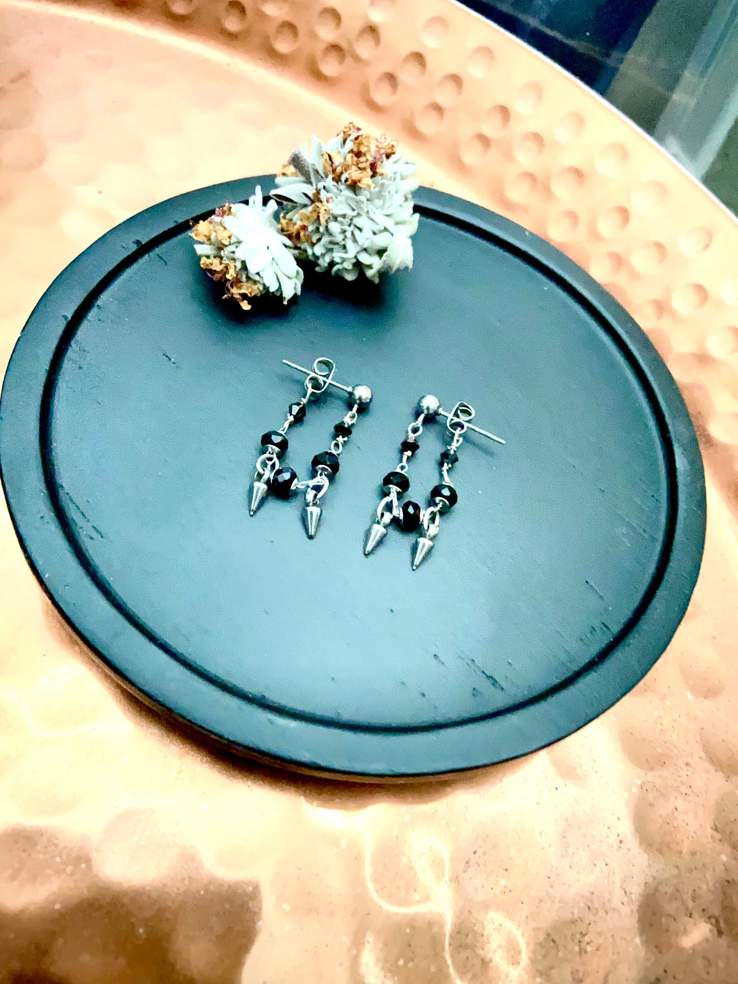 Obsidian w/ Spikes Earrings | Stainless Steel Loop Earrings