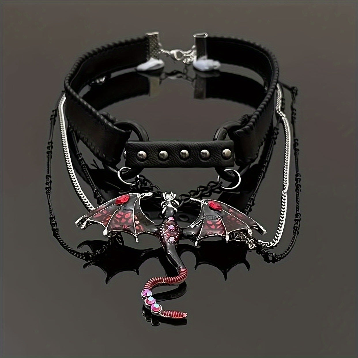 Dragon Fantasy Chain Choker | Black PU Leather Punk Collar